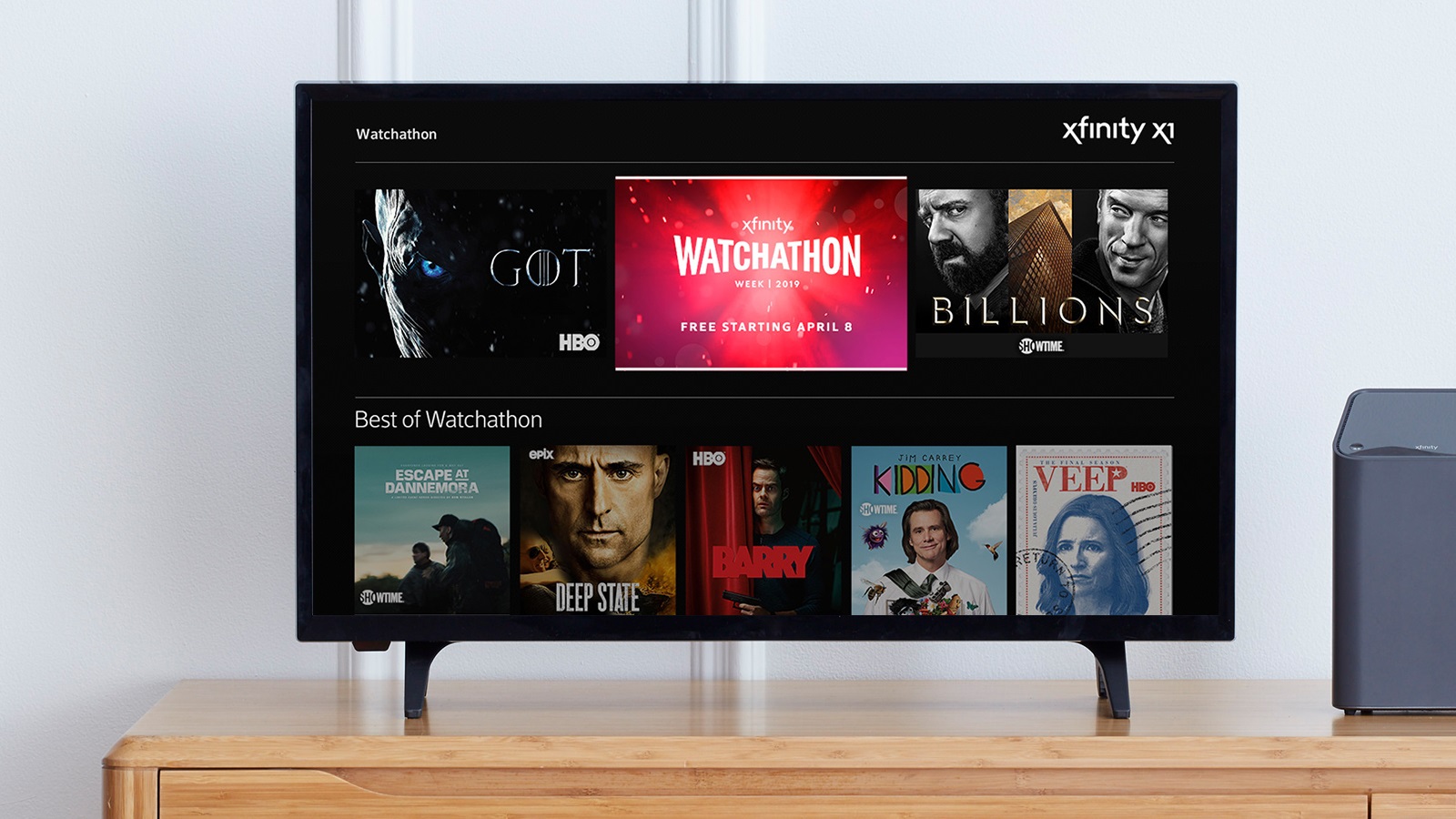 The Xfinity X1 Watchathon hub is displayed on a TV.